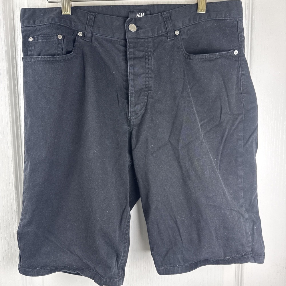 H&M Men's Black Button Fly Denim Shorts Size 34 Five Pocket Classic Casual